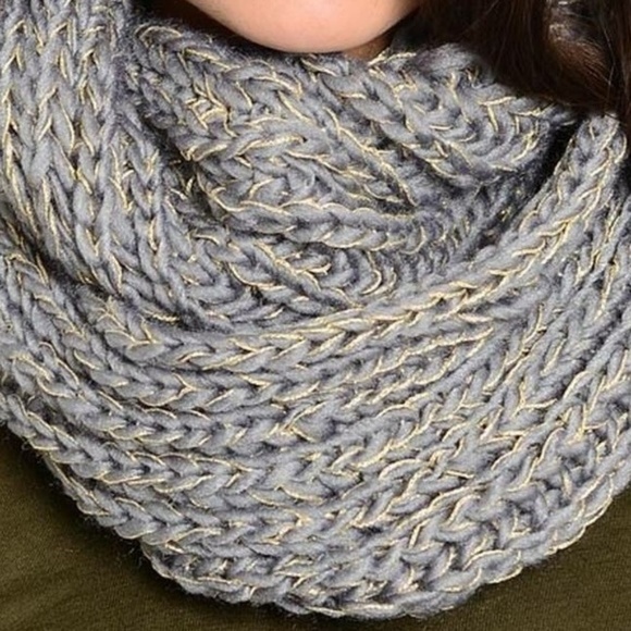 Gray Knit with Gold thread infinity winter scarf - Picture 2 of 2